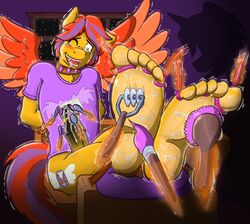 1boy 2015 animal_genitalia anthro anthrofied bondage bound brush caroo character_request clothing collar cutie_mark equine erection fan_character feathers feet friendship_is_magic gold_(metal) hasbro horsecock male male_focus male_only mammal my_little_pony original original_character pegasus penis precum ring shadow shaking sitting solo string tears tickle_fetish tickle_torture tickling tickling_machine wings