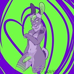 1futa abstract_background areolae balls breasts buckteeth covering covering_breasts ctrl_alt_yiff curvy erection futa_only futa_sans_pussy futanari green_eyes green_hair hair intersex lagomorph large_breasts mammal nude penis rabbit solo teeth wide_hips