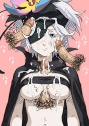 bandana blue_eyes bra breasts cape cum cum_on_breasts cum_on_clothes eye_patch facial female flower fremy_speeddraw haku_ronov paizuri penis pink_background rokka_no_yuusha short_hair white_hair