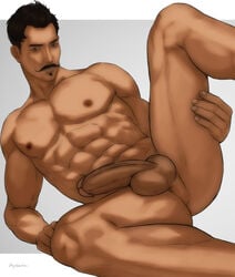 1boy abs artist_name artist_signature ass bara beauty_mark big_penis completely_nude dark-skinned_male dark_hair dark_skin dorian_pavus dragon_age dragon_age_inquisition erect_penis erection facial_hair gay_male hydaria lifting_leg looking_at_viewer mage male male_only mole moustache muscle muscles muscular muscular_male mustache naked naked_male nude nude_male pecs penis showing_ass solo spread_leg tagme testicles