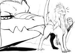 ambiguous_gender digitigrade dragon fur furred_dragon group half-closed_eyes hiding human licking looking_at_viewer male mammal monochrome queblock simple_background size_difference surprised thumbs_up tongue tongue_out white_background wide_eyed