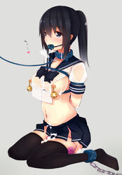 arms_behind_back ball_gag black_hair blush bondage breasts chains collar cuffs female femsub gag gagged highres kyuzo leash long_hair nipple_bells nipple_piercing nipples original piercing ponytail rope school_uniform serafuku solo tears thighhighs tied_hair vibrator vibrator_in_thighhighs