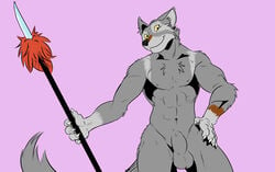 1boy abs aetherel anthro balls canine chest_tuft claws fully_sheathed fur furry furry_only gradient_background looking_at_viewer male male_only mammal melee_weapon navel negger nipples nude pink_background polearm sheath simple_background smile solo spear tuft weapon wolf