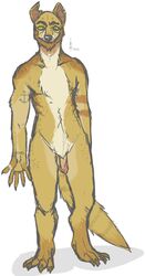 2014 anapnea anthro balls claws digitigrade ear_piercing flaccid looking_at_viewer male male_only mammal maxwell_(anapnea) mongoose navel notched_ear nude penis piercing simple_background solo standing tattoo toe_claws white_background yellow_eyes