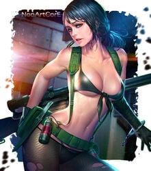 1girls belt bikini black_bra black_hair black_panties breasts cleavage clothed collarbone female female_focus female_only fully_clothed green_eyes konami leaning metal_gear_solid metal_gear_solid_v navel neoartcore pantyhose ponytail quiet_(metal_gear) revealing_clothes skimpy_clothes sniper_rifle solo standing stefanie_joosten straps torn_pantyhose weapon