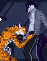 abstract_background anthro balls blush canine clothing dragon feline foot_fetish footjob hybrid infinite jacket knot male mammal missoro oral pantra paws penis sex slacks sucking tiger toes tongue tongue_out uniform wolf wolfywetfurr yaoi