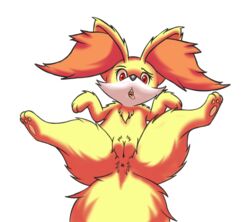 2015 alpha_channel anus canine chest_tuft female fennekin feral front_view fur furry furry_only hindpaw inner_ear_fluff looking_at_viewer lying mammal nintendo on_back open_mouth pawpads paws pokemon pokemon_(species) pussy raxmon red_eyes simple_background solo spread_legs spreading tongue tongue_out transparent_background tuft video_games