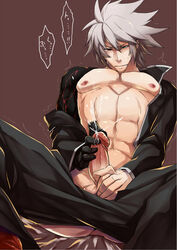 1boy abs blazblue cum drooling kaneaki_mukku male_only masturbation muscle open_clothes pants_down pecs ragna_the_bloodedge saliva silver_hair solo spiked_hair sweat tagme tears