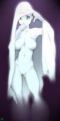 1girls bald bald_female bed_sheet big_breasts breasts cleavage crotchless female female_only ghost ghost_tail green_eyes looking_at_viewer navel nippleless no_nipples no_pussy nude original r4 shy simple_background solo