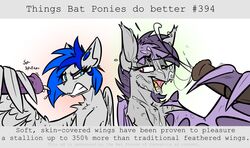 2015 animal_genitalia bat_pony blue_hair cum cum_on_face cumshot disembodied_penis dripping english_text equine fan_character fangs female feral hair horsecock male mammal my_little_pony orgasm pegasus penis purple_hair ralek slit_pupils text wings