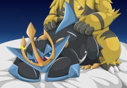 all_fours ass ass_grab avian bed bird blue_eyes blush doggy_style duo electivire empoleon feral from_behind fur interspecies lying male nintendo on_bed penetration penguin pokemon sex standing straight sweat type yellow_fur