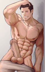 1boy abs artist_name bara boner erection free_(soul_eater) heterochromia hydaria male male_only muscle muscles nude pants_pull pecs penis solo soul_eater tagme testicles