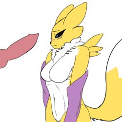 1:1 2019 absurd_res animal_genitalia animal_penis anthro big_breasts black_sclera blue_eyes blush breasts canine_penis digimon digimon_(species) digital_media_(artwork) duo erection featureless_breasts female fur hair hi_res male markings navel nude ownychan penis pussy renamon simple_background straight white_background white_fur yellow_fur