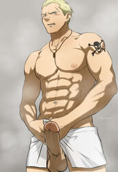 1boy abs artist_name balls bara biceps big_balls big_pecs big_penis blonde blonde_hair blue_eyes blush blushing ear_piercing earrings erection huge_cock huge_penis human human_only hydaria kanji_tatsumi light-skinned_male light_skin looking_at_viewer looking_down male male_chest male_focus male_only megami_tensei muscle muscles muscular muscular_male necklace nipples nude pecs pectorals penis penis_out persona persona_4 pinup scar scar_on_forehead six_pack solo solo_focus solo_male standing tatsumi_kanji tattoo tattoo_on_arm tattooed_arm teeth teeth_showing testicles towel white_towel