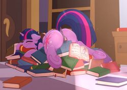 2015 absurdres anus ass blue_book book bookshelf clitoris closed_eyes cutie_mark door equine female feral friendship_is_magic green_book highres hooves horn indoors lying mammal my_little_pony on_front pussy pussy_juice ratofdrawn red_book smile solo tail twilight_sparkle_(mlp) underhoof unicorn