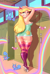 1girls ass blonde_hair blue_eyes boots breasts color colored disney dress female female_only high_heel_boots high_heels legoman long_hair nipple_slip nipples smile solo standing star_butterfly star_vs_the_forces_of_evil straight_hair striped striped_legwear thighhighs vintem