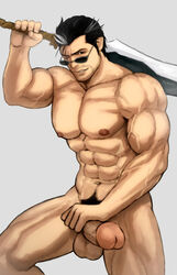 1boy abs artist_name auron_(final_fantasy) bara erection final_fantasy final_fantasy_x grey_background human hydaria male male_masturbation male_only male_pubic_hair masturbation muscles muscular_male nude pecs penis simple_background solo sunglasses tagme testicles weapon_over_shoulder