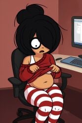 1girls big_belly bra breasts chubby chubby_female hair_over_one_eye maya_schoppenboer ongezellig panties shirt_lift stockings striped_legwear sweater