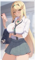 1girls blonde_hair bra breasts busty cleavage core_crystal curvy dress_shirt earrings female female_only green_bra highres hourglass_figure large_breasts long_hair looking_at_viewer monolith_soft mythra nintendo phone plaid_skirt school_uniform schoolgirl schoolgirl_uniform skirt student thick_thighs thighs tie uniform very_long_hair wabimochi white_shirt wide_hips xenoblade_(series) xenoblade_chronicles_2 yellow_eyes