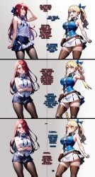 1boy 1girls 2023 ai_assisted ai_generated blonde_hair blue_hair_ribbon blue_topwear blush boob boots brown_eyes comic comic_page crextcomic english_text erza_scarlet fairy_tail hair_ribbon huge_breasts long_hair lucy_heartfilia open_mouth penis ponytail qr_code side_ponytail straight thigh_boots uncensored vaginal_penetration