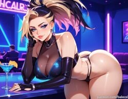 ai_generated akali ass balecxi bar_(place) bare_shoulders bent_over bikini black_hair blonde_hair blue_eyes cleavage cocktail_glass cup earrings elbow_gloves female fingerless_gloves gloves jewelry k/da_(league_of_legends) k/da_all_out_series k/da_series large_breasts league_of_legends lips looking_at_viewer multicolored_hair parted_lips ponytail see-through solo_focus swimsuit thighs