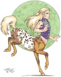 2024 animal_genitalia appaloosa_(marking) blonde_hair blue_eyes bottomless brown_body brown_fur centaur clothed clothing equid equid_taur european_mythology fur genitals greek_mythology hair humanoid_pointy_ears humanoid_taur mammal mammal_taur mythology pointy_ears sheath shirt shirt_only sleeveless_shirt solo taur terrie_smith topwear topwear_only white_body white_fur