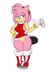 amy_rose anthro bottomless breasts clothed clothing female half-dressed hedgehog looking_at_viewer mammal pussy seth65 smile solo sonic_(series) twindrills