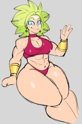 abs bikini blue_eyes crop_top dragon_ball dragon_ball_super earrings green_hair jamvcr kefla kefla_(dragon_ball) muscles muscular_female smile thong waving