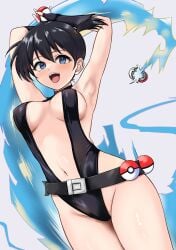 :d absurdres armpits arms_behind_head arms_up asymmetrical_hair belt black_belt black_gloves black_hair black_one-piece_swimsuit blue_eyes blush breasts cosplay covered_navel creatures_(company) female fingerless_gloves game_freak gincha gloves gym_leader hair_between_eyes highleg highres holding holding_poke_ball kasumi_(pokemon) large_breasts long_hair looking_at_viewer navel nintendo one-piece_swimsuit open_mouth poke_ball poke_ball_(basic) pokemon pokemon:_the_electric_tale_of_pikachu ponytail short_hair side_ponytail smile solo swimsuit teeth thighs tongue twintails upper_teeth_only