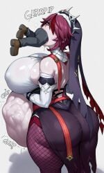 ai_generated big_belly from_above genshin_impact huge_breasts huge_thighs looking_at_viewer mini_giantess rosaria_(genshin_impact) size_difference sleepyshark swallowed_whole swallowing vore vore_belly