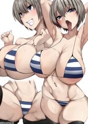 1girls ahe_gao ahegao_face armpits arms_behind_back arms_behind_head arms_up ass ass_focus big_breasts bikini bikini_bottom bikini_top blue_eyes breasts oiled oiled_body oiled_skin pinup short_hair silver_hair thighhighs thighs tomodachi_(tomofanart) tongue tongue_out uzaki-chan_wa_asobitai! uzaki_hana