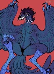 1girls bird_girl blue_body emo laniidaeee look_outside monster_girl nightmare_waifu small_breasts smiling spread_legs tail underwear wings xaria_(look_outside)