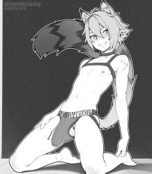 1boy absurdres animal_ears artist_name bulge cat_boy cat_ears cat_tail commentary dated english_commentary erection erection_under_clothes femboy greyscale harness highres kneeling looking_at_viewer male_focus monochrome nipples otoko_no_ko precum precum_drip precum_through_clothes seth_lowell smile solo soskibby tail tail_raised testicles underwear zenless_zone_zero