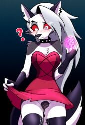 ai_generated anthro anthro_only canine_pussy cookie-girl ear_piercing excessive_pussy_juice eyebrow_piercing grey_fur helluva_boss hypnosis loona_(helluva_boss) mind_control question_mark questionable_consent red_dress red_eyes simple_background spiked_collar spiral_eyes tail upskirt upskirt_view vivienne_medrano white_fur white_hair wolf_ears wolf_girl wolf_humanoid wolf_tail