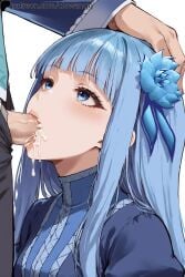 1boy 1boy1girl 1girls adult_and_teenager age_difference ai_generated aqua_eyes aqua_hair bangs blowjob blue_eyes blue_hair clowenqq cum cum_in_mouth cute deep_blowjob deepthroat eye_contact female flower flower_in_hair fringe hair hair_ornament hand_on_head innocent isekai_ojisan long_hair looking_up mabel_laybelle oral pale-skinned_female penis petite pulling_out skinny slim sucking teenager tight_throat uncensored white_background