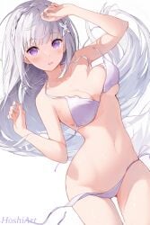 1girls ai_generated belly bikini blush breasts elf elf_ears elf_female embarrassed emilia_(re:zero) half_naked hips light-skinned_female light_skin medium_breasts purple_eyes re:zero_kara_hajimeru_isekai_seikatsu sideboob silver_hair solo swimsuit thighs torn_clothes untied_bikini wardrobe_malfunction white_background