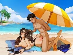 1boy 1girls beach momodeary original_character straight sunscreen tagme