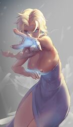 artist_request blonde_hair blue_eyes braid breasts disney dress elsa_(frozen) female female_only frozen_(film) human nipples single_braid sky_of_morika solo standing tied_hair