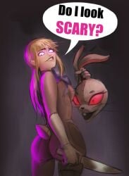 1girls animal_costume animal_mask ass ass_focus blonde_female blonde_hair bow bowtie brainwashing bunny_ears bunny_mask bunny_tail clothed costume english_text evil_grin female five_nights_at_freddy's five_nights_at_freddy's:_security_breach from_behind from_below glitchtrap_possession glowing_eyes grin holding_object kaonicdogmen knife large_ass long_hair long_ponytail looking_at_viewer looking_back low_quality_edit mask medium_breasts mind_control ponytail possessed purple_eyes skin_tight smile solo speech_bubble stitches talking_to_viewer thick_thighs thighs vanessa_(fnaf) vanny_(fnaf)