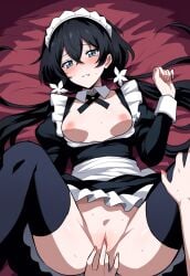 2girls ai_generated black_hair blue_eyes blush breasts breasts_out bungo_stray_dogs dominant_pov dress enmaided female female/female female_only female_pov fingering fingering_partner fingering_pussy fingernails hair_between_eyes hair_flower hair_ornament hairband hand_on_another's_leg izumi_kyouka_(bungo_stray_dogs) long_hair looking_at_viewer low_twintails lying maid maid_headdress milua nipples novelai on_back on_bed pov pov_hands pussy self_upload small_breasts spread_legs sweat sweatdrop tears thighhighs yuri