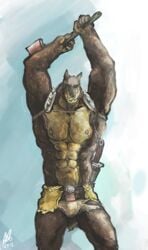 abs aokmaidu axe bulge canine clothed clothing doberman dobo_(thundercats) half-dressed male male_only mammal melee_weapon muscular pecs penis pose solo topless torn_clothing underwear weapon