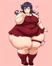 ai_generated belly_overhang bicep_strap big_belly big_breasts blowing_kiss card_deck chubby_face double_chin duel_masters flabby_arms flabby_legs heart light_brown_eyes obese obese_female obese_human overweight overweight_female overweight_human purple_hair red_boots red_bracelet red_dress tasogare_mimi thick_thighs thigh_pouch thigh_strap wide_hips wink winking_at_viewer