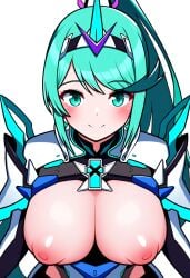 1girls 2d aerolae ai_generated big_breasts blue_eyes blue_hair blush breasts breasts_focus core_crystal execro female flashing_breasts happy highres nintendo nipples novelai pink_nipples pneuma_(xenoblade) pov pov_male presenting_breasts smile solo super_smash_bros. uncensored xenoblade_(series) xenoblade_chronicles_2