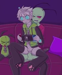 2boys anal crossdressing gay gir gir_(invader_zim) handheld_game_console invader_zim nickelodeon non-human thighhighs yaoi zagir zim zim_(invader_zim)