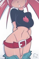 1futa 2019 artist_logo belt blush crop_top fernal-scarlet flannery_(pokemon) fondly_aloe futa_focus futa_only futanari hourglass_figure penis pokemon_rse precum red_hair shiny_skin sweatdrop tan_skin