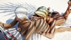 2girls 3d ass beach blonde_hair breasts british british_female christie_(doa) cleavage cunnilingus dead_or_alive eating_pussy enslaverofhumanity french french_female helena_douglas large_breasts laying_down light-skinned_female lying outside reading_magazine sand white_hair yuri