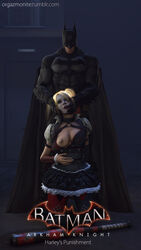 1boy 1girls 3d baseball_bat batman batman:_arkham_knight batman_(series) black_hair blonde_hair blue_eyes breasts bruce_wayne cape corset cowl dc dc_comics domination facepaint female femsub fingering_pussy harley_quinn harley_quinn_(arkham) harley_quinn_(arkham_knight) kneeling long_hair male maledom mask multicolored_hair nipples on_knees orgazmonite red_hair source_filmmaker standing stockings submissive submissive_female tied_hair twintails