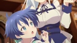 1boy apron belt blue_apron blue_eyes blue_hair blush breast_rest breasts chair dress english english_dialogue eyebrows_hidden_by_hair feet_out_of_frame female green_overalls hair_between_eyes highres kneehighs large_breasts leg_grab lloyd_de_saloum long_hair looking_at_viewer maid maid_apron nazunazu overalls ponytail shirt short_hair simple_background sitting socks sylpha_(dai_nana_oji) tagme tensei_shitara_dai_nana_oji_datta_no_de:_kimama_ni_majutsu_o_kiwamemasu thick_thighs thighs very_long_hair video white_dress white_headdress white_shirt white_socks