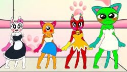 4girls anthro banbaleena banban_(garten_of_banban) cat_ears cat_tail cute_face female_only garten_of_banban green_body happy happy_female jumbo_josh maid_uniform no_sex orange_body pac-man_ghost_dance_(minus8) pink_bow red_body rule_63 shirt slime_cat stinger_flynn tagme unofficial white_body youtube