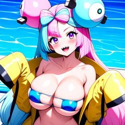 ai_generated alternate_body_type alternate_breast_size artist_(wolf) bare_shoulders big_breasts bikini_under_clothes blue_hair breasts cleavage collarbone creatures_(company) exposed_shoulders game_freak generation_1_pokemon huge_breasts iono_(pokemon) jacket large_breasts long_hair long_sleeves magnemite magnemite_hairclips nintendo npc_trainer open_clothes open_jacket open_mouth outerwear pink_hair pokemon pokemon_(species) pokemon_sv sideboob sleeves_past_fingers sleeves_past_wrists smiling twintails two_tone_hair underboob watermark wolf_(artist) yellow_jacket_(clothing)